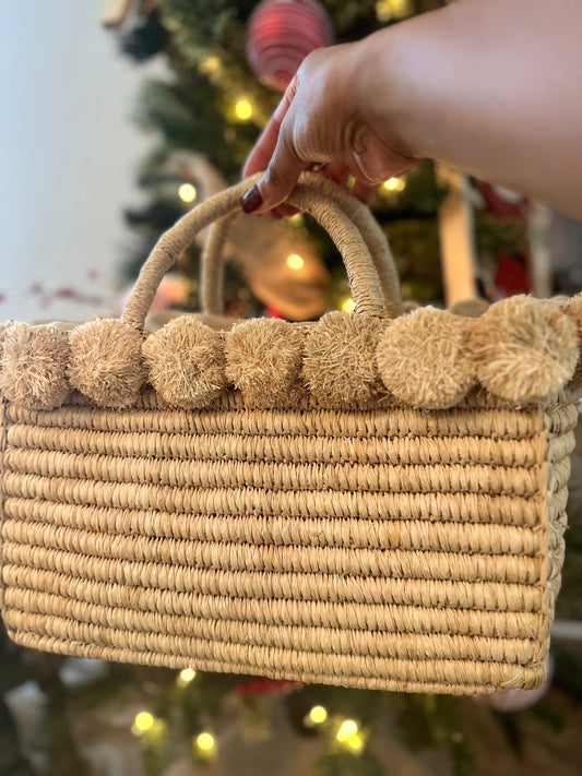 Crochet Rectangle Straw Basket with Pompom Trim Edge