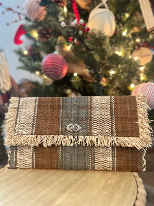 Straw Envelope Clutch Purse with Raw Fringe Trim Edge