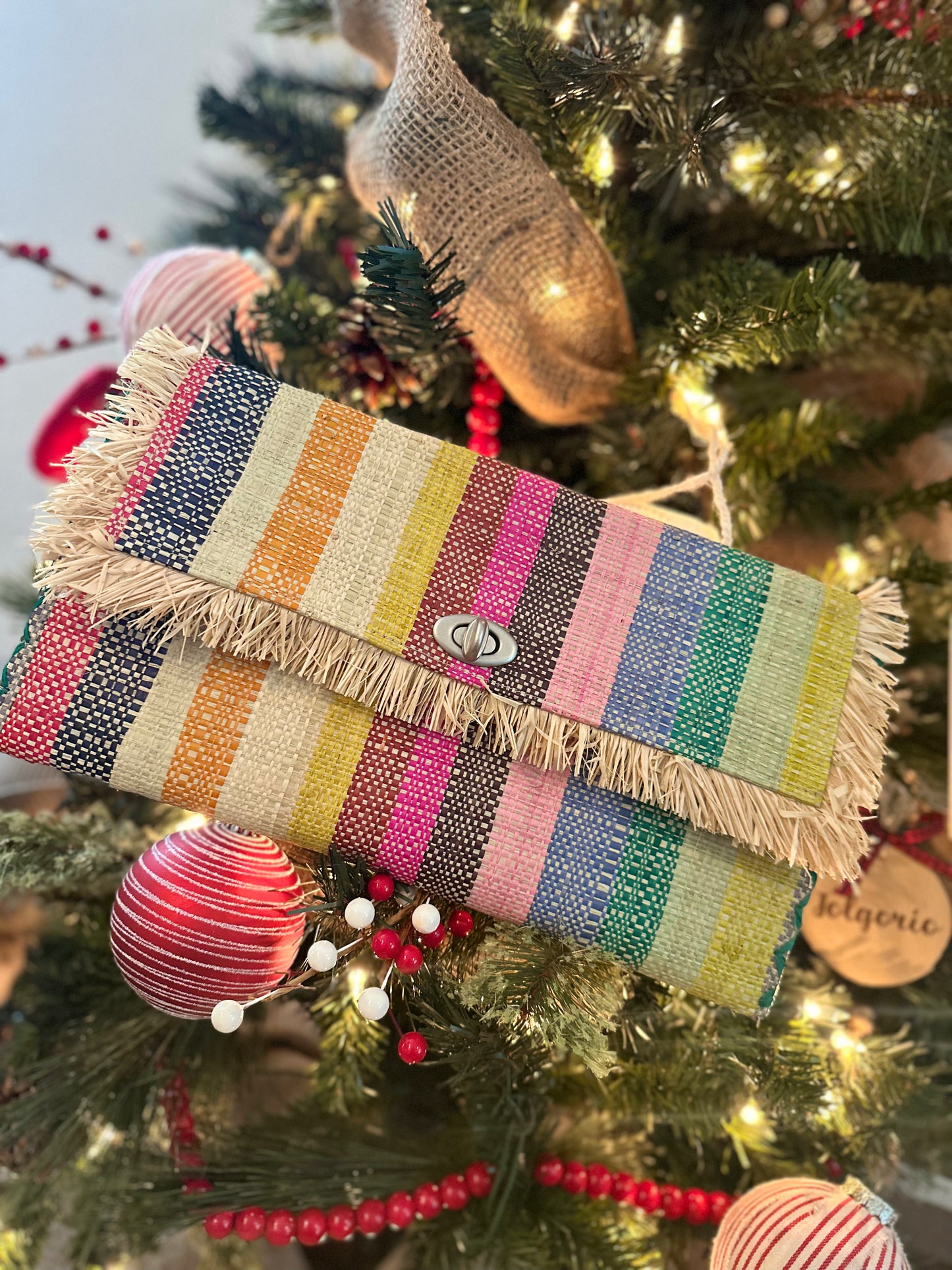 Straw Envelope Clutch Purse with Raw Fringe Trim Edge