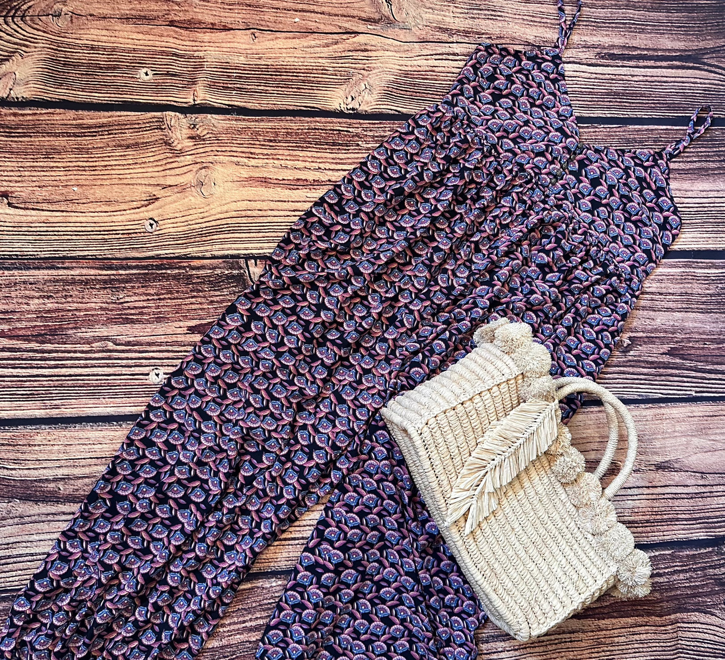 Crochet Rectangle Straw Basket with Pompom Trim Edge