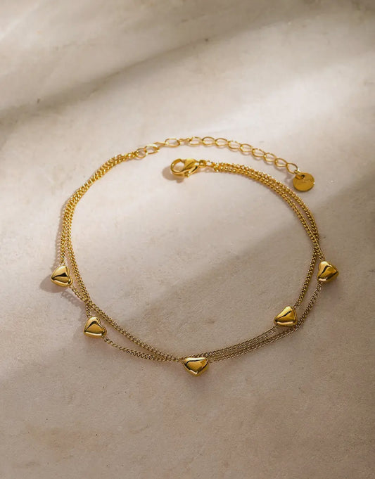18K Non-Tarnish Double Layered Heart Anklet