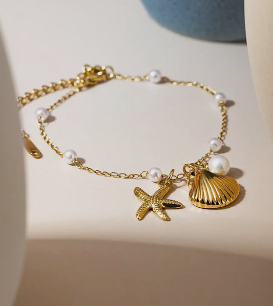 Sirena Gold Plated Seashell, Sea Star and Pearl Bracelet