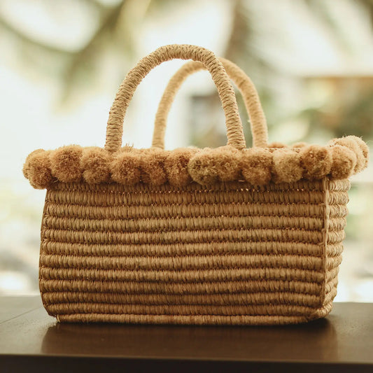 Crochet Rectangle Straw Basket with Pompom Trim Edge